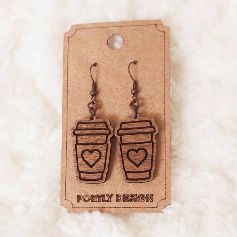 5/$25 Hot Coffee Earrings Dangle Wooden w/Heart